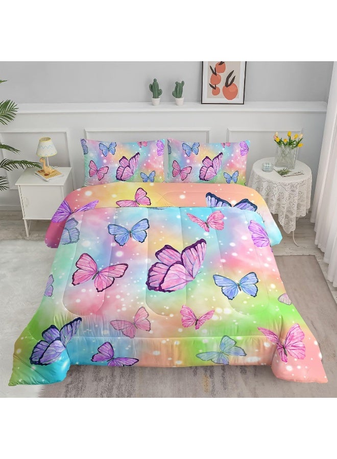 Smell Sunshine Watercolor Butterfly Comforter Set Rainbow Bedding Comforter Set with 1 Comforter and 2 Pillowcases for Boys and Girls Bedroom All Season(Watercolor Butterfly Queen) - Image 1